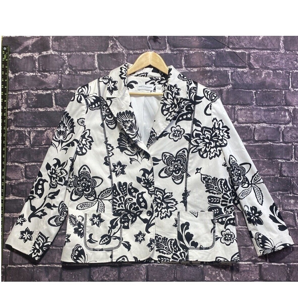 Alfred Dunner Blazer Women Size 18 White Black Floral Cotton Stretch‎ Jacket